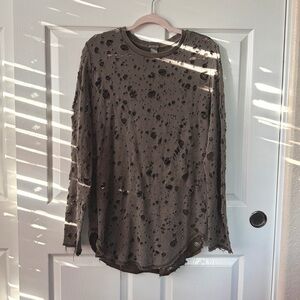 Divided Distressed Long Sleeve Top - Gray